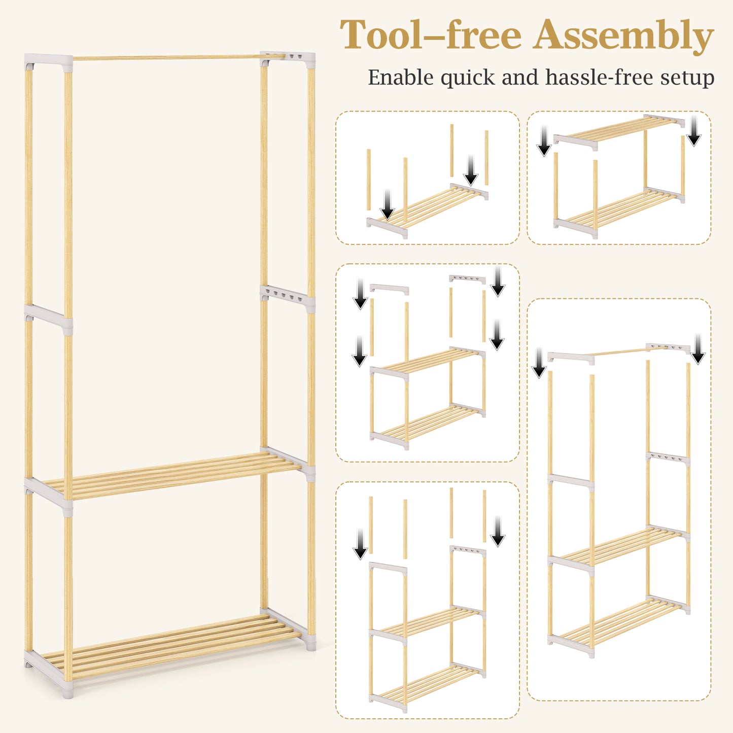 Pine Wood Clothes Rack with 2-Tier Open Storage Shelf for Hanging Clothes, Gray Clothing & Closet Storage at Gallery Canada