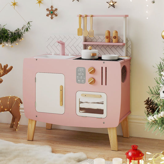 Wooden Play Kitchen For Kids With Stoves, Sink, Faucet & Oven Play Kitchen Sets Pink & White at Gallery Canada