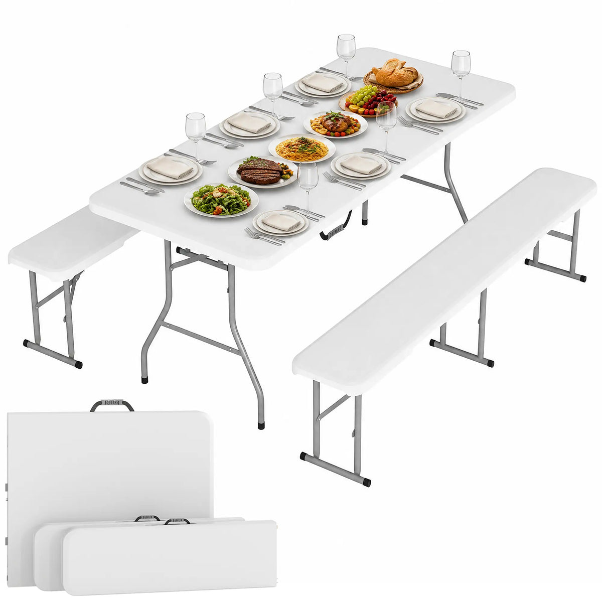 6FT Portable Camping Table Bench Set, Folding Picnic Table with 2 Benches, White Picnic Tables & Camping Chairs at Gallery Canada