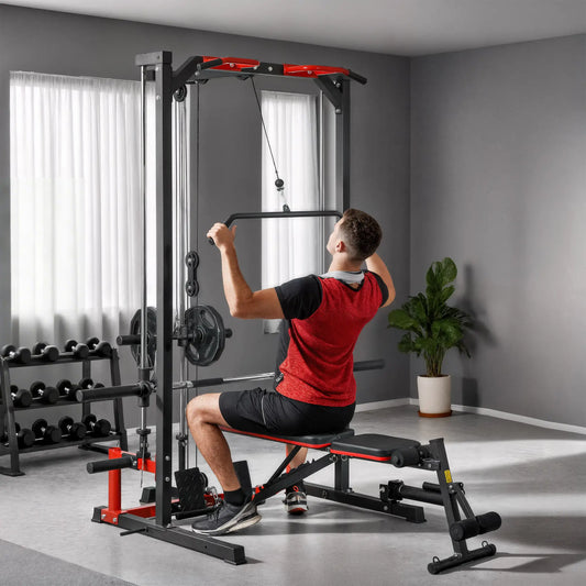 Smith Machine Power Rack with Pull Up Bar, Lat Pull Down, Landmine Power Towers Red and Black at Gallery Canada