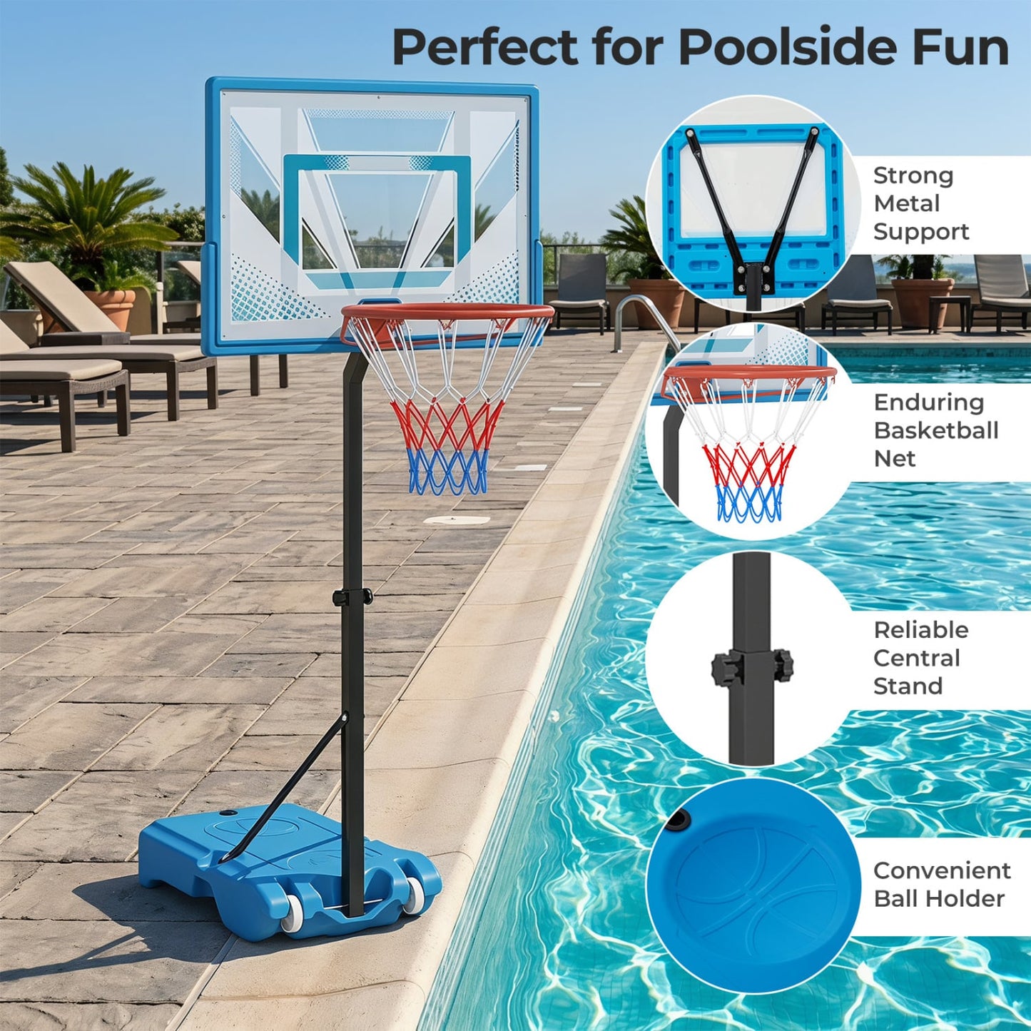 Pool Basketball Hoop, 3-Level Adjustable, Blue