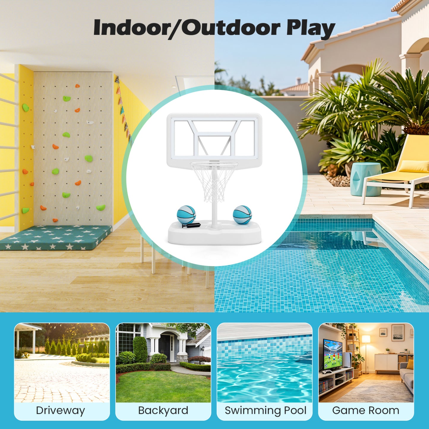 Ensemble de panier de basket pour piscine, blanc, 2 ballons et pompe
