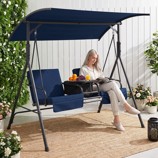 Porch Swing Chair With Adjustable Canopy, Navy Porch Swings Navy at Gallery Canada
