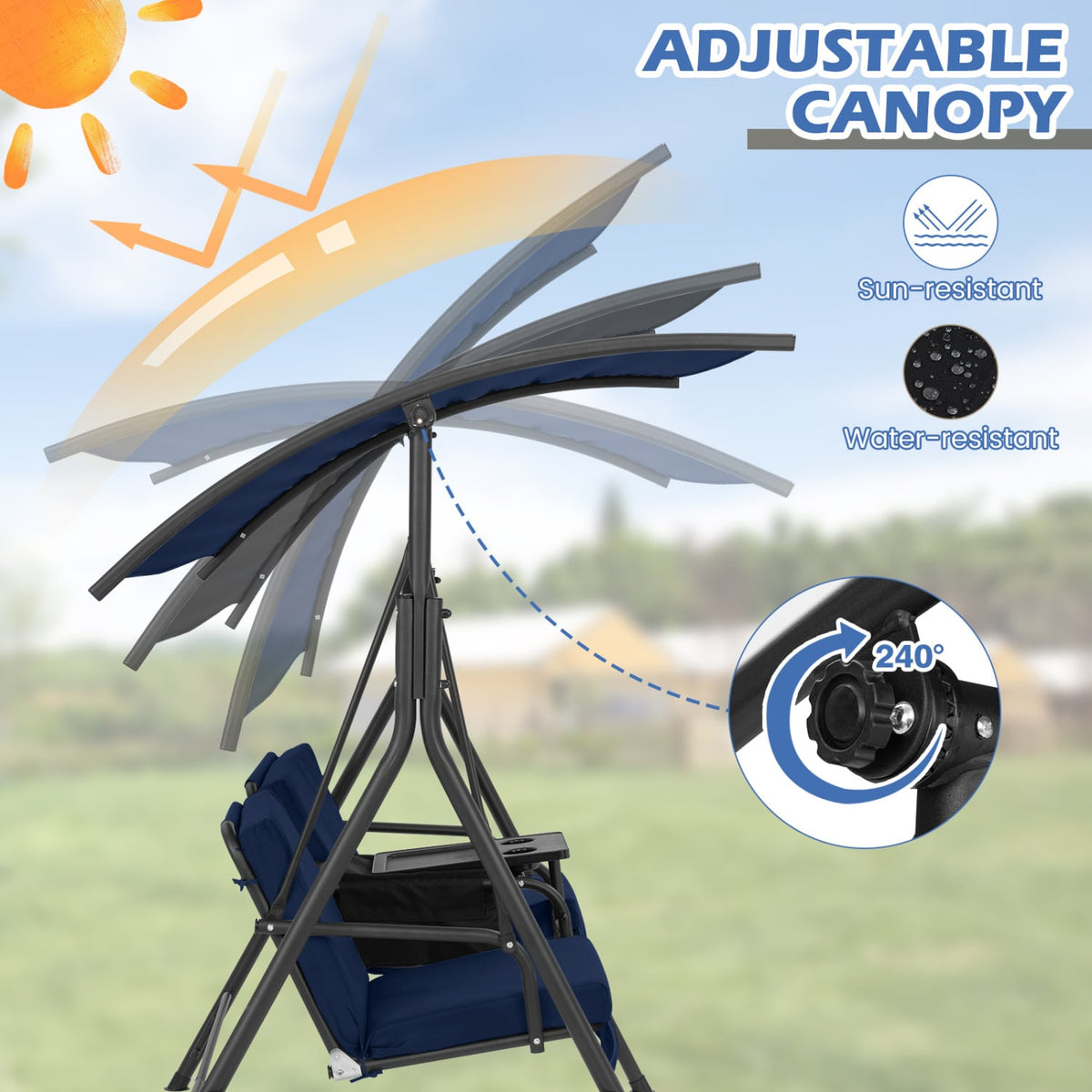 Porch Swing Chair With Adjustable Canopy, Navy