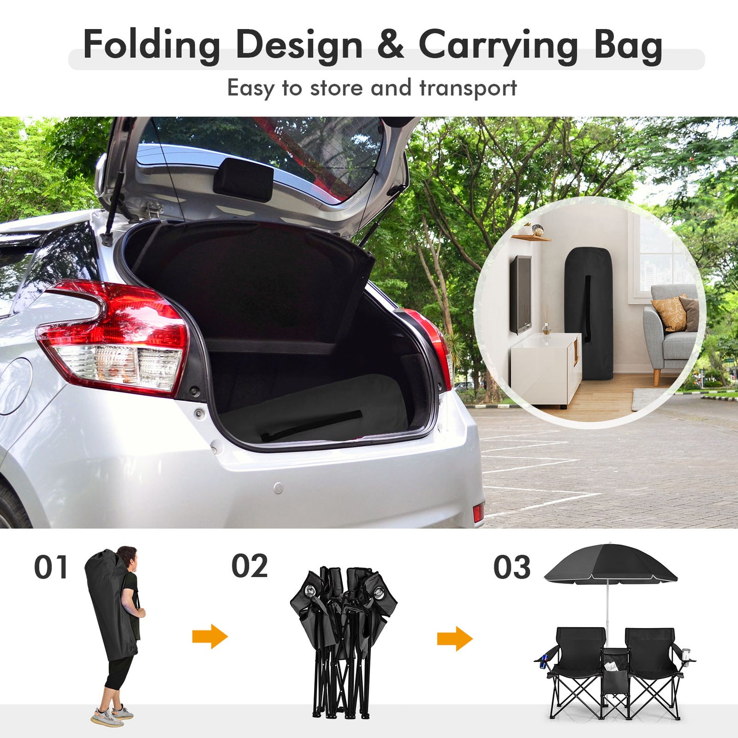 Portable Folding Picnic Double Chair With Umbrella, Black Camping Furniture at Gallery Canada