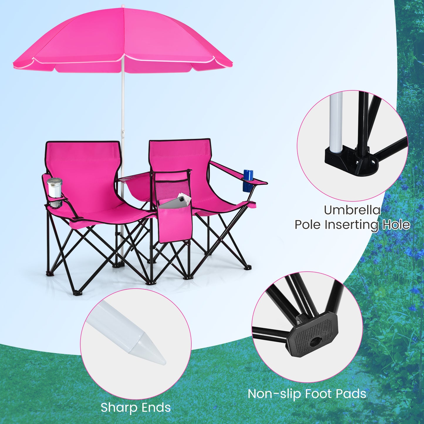 Portable Folding Picnic Double Chair, With Removable Umbrella, Pink Camping Furniture at Gallery Canada