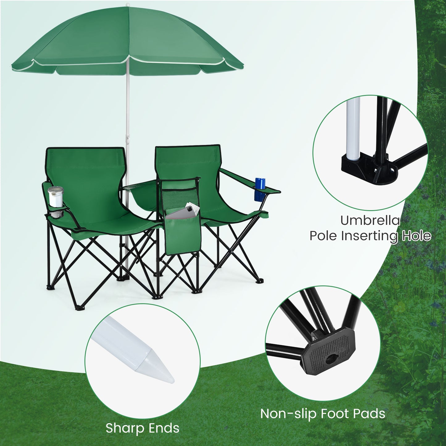 Portable Folding Picnic Double Chair With Removable Umbrella, Green Camping Furniture at Gallery Canada