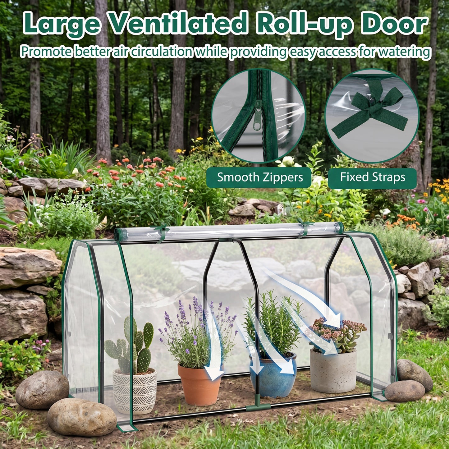 Portable Mini Greenhouse, PE Cover, Zippered Door, Green
