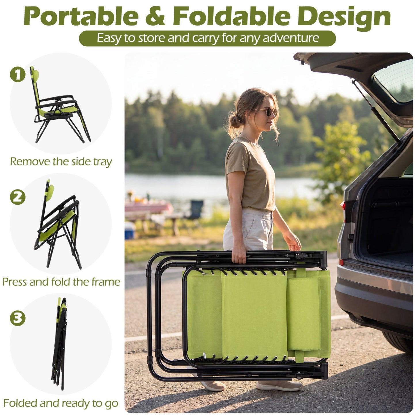 Portable Zero Gravity Chairs with Cup Holder Trays and Backrest, Green Beach & Lawn Chairs at Gallery Canada