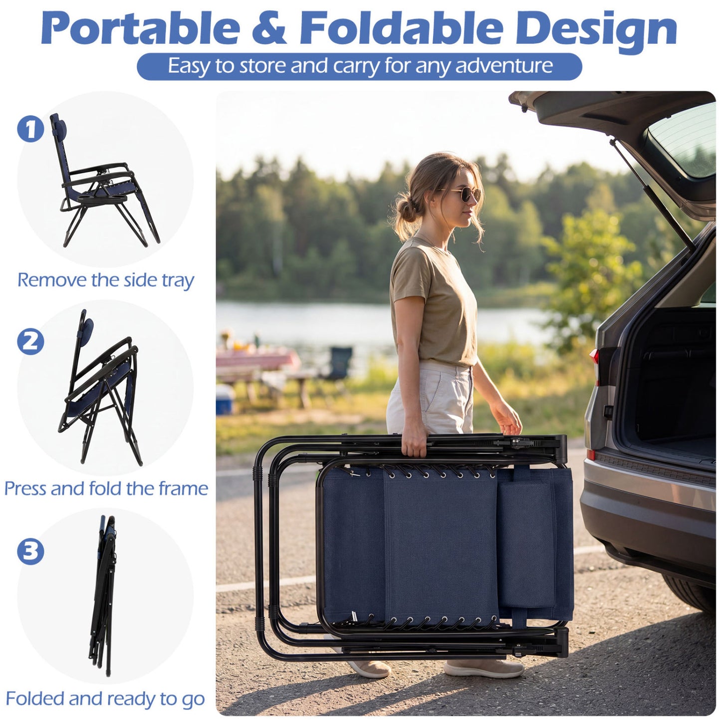 Portable Zero Gravity Chairs with Cup Holder Trays and Backrest, Navy Beach & Lawn Chairs at Gallery Canada