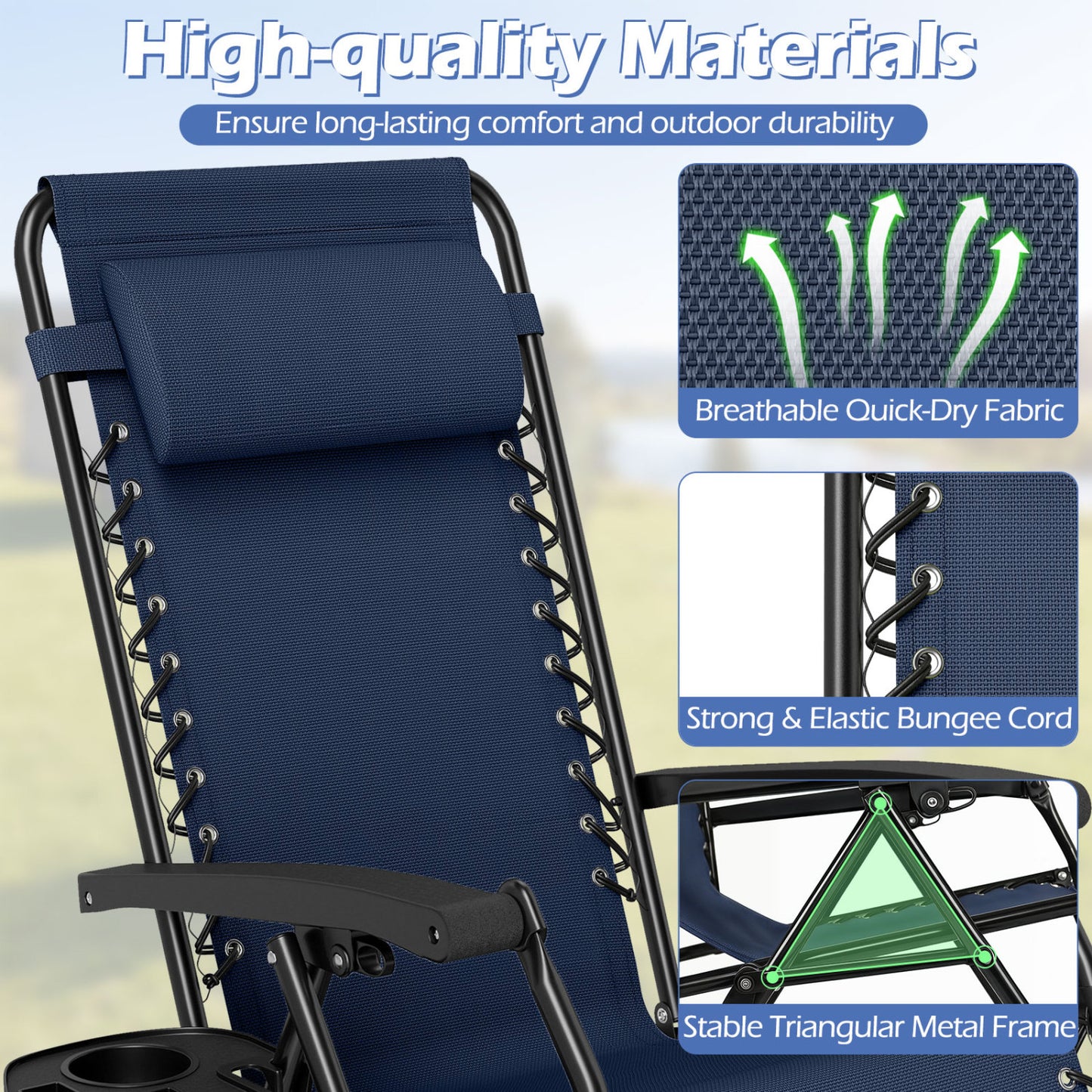 Portable Zero Gravity Chairs with Cup Holder Trays and Backrest Set of 2, Navy Beach & Lawn Chairs at Gallery Canada