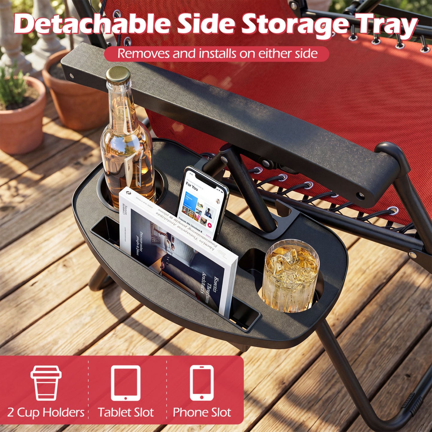 Portable Zero Gravity Chairs with Cup Holder Trays and Backrest Set of 2, Red Beach & Lawn Chairs at Gallery Canada