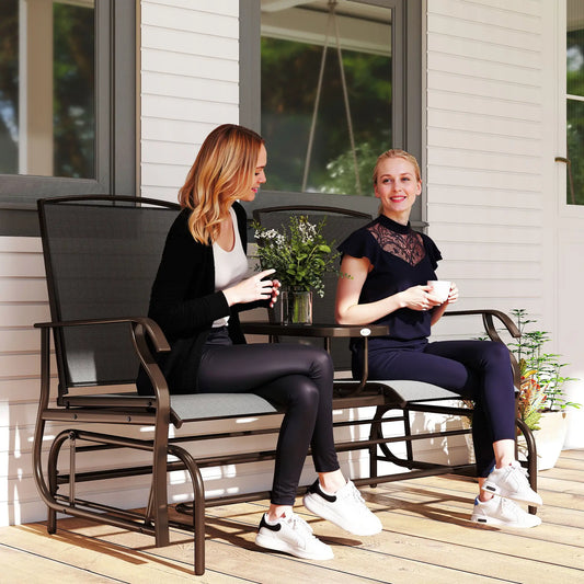 2 Person Patio Glider Rocking Chair, Outdoor Loveseat, Black Outdoor Gliders Brown Frame, Black Fabric at Gallery Canada