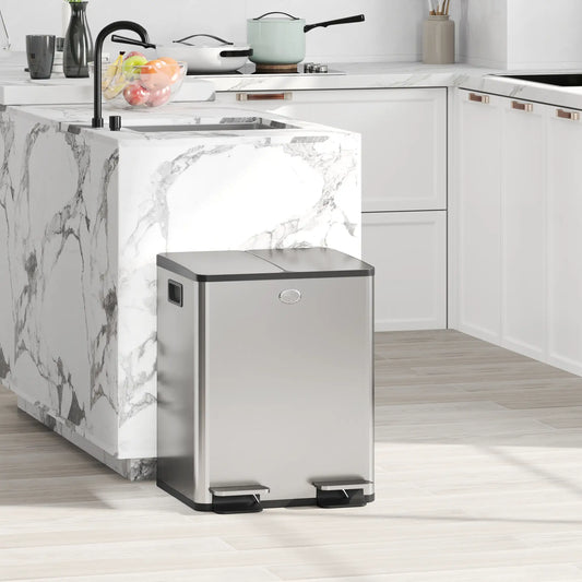 Dual Garbage Bin, Soft Close Trash Can, 2 x 20 Liter, Silver Household Supplies Silver at Gallery Canada