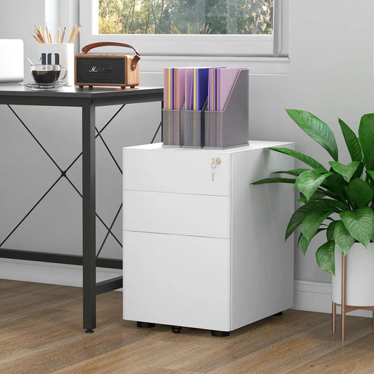 3 Drawer Filing Cabinet, Steel Office Storage with Wheels, Lock, White Office Cabinets & Cupboards White at Gallery Canada