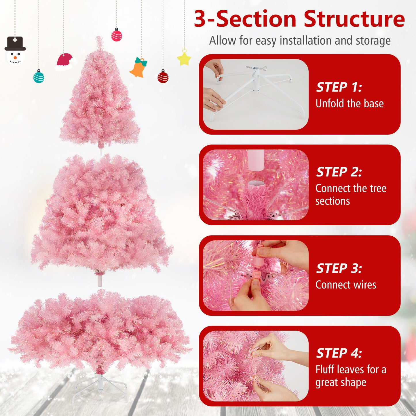 Pre-Lit Tinsel Christmas Tree Artificial Xmas Tree with Lush Branch Tips Holiday Decoration-6ft, Pink Christmas Tree at Gallery Canada