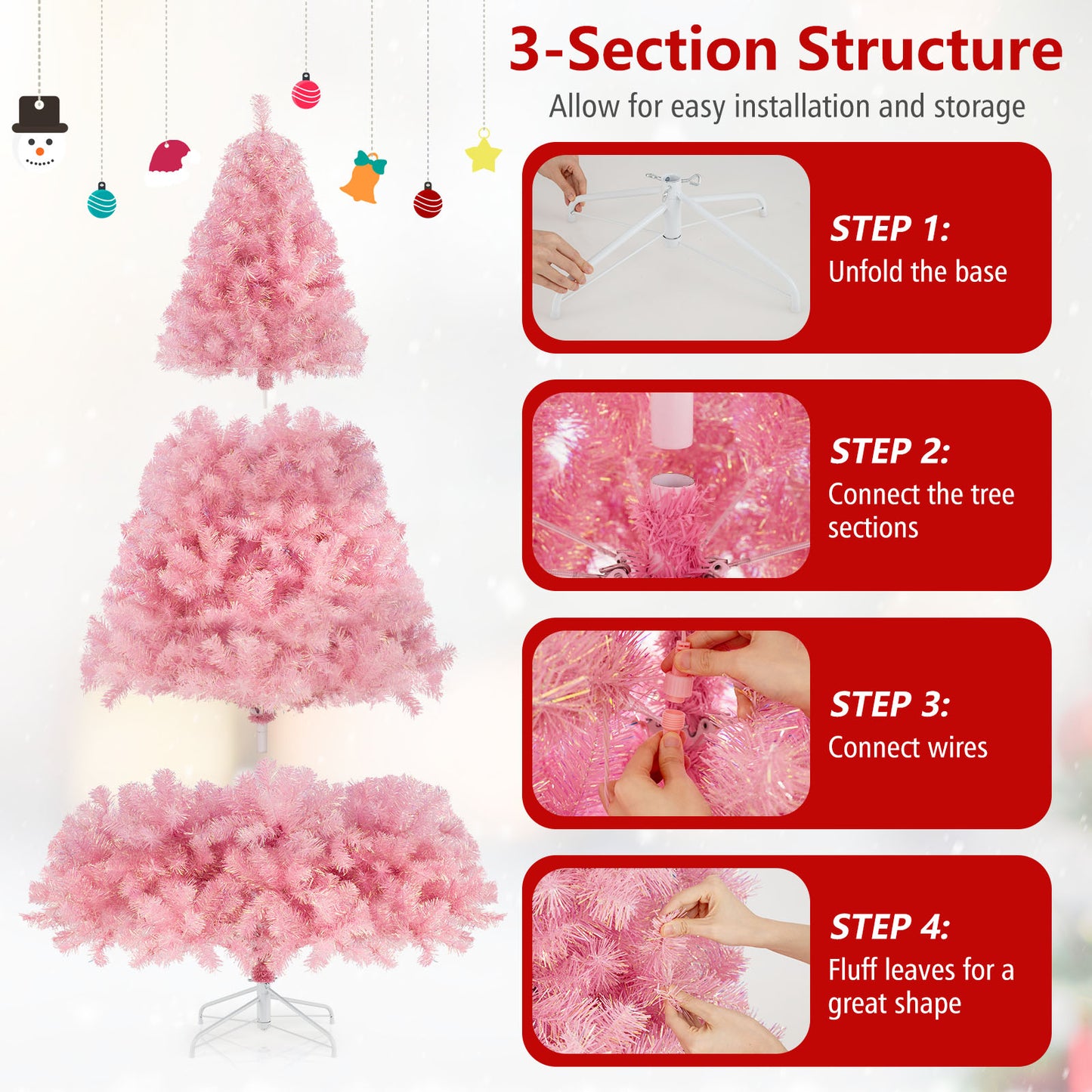 Pre-Lit Tinsel Christmas Tree, Artificial Xmas Tree, Lush Branch Tips, 6ft, Pink Christmas Tree at Gallery Canada
