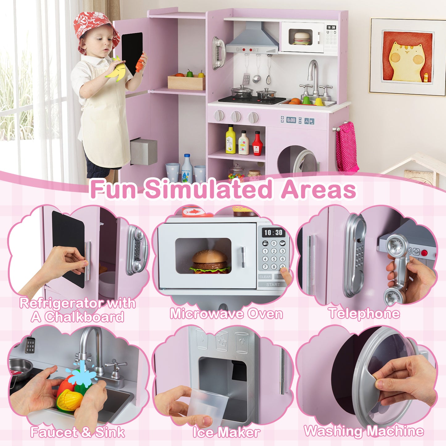 Pretend Play Kitchen Toy, With Range Hood, Ice Maker, Telephone, Pink Play Kitchen Sets at Gallery Canada
