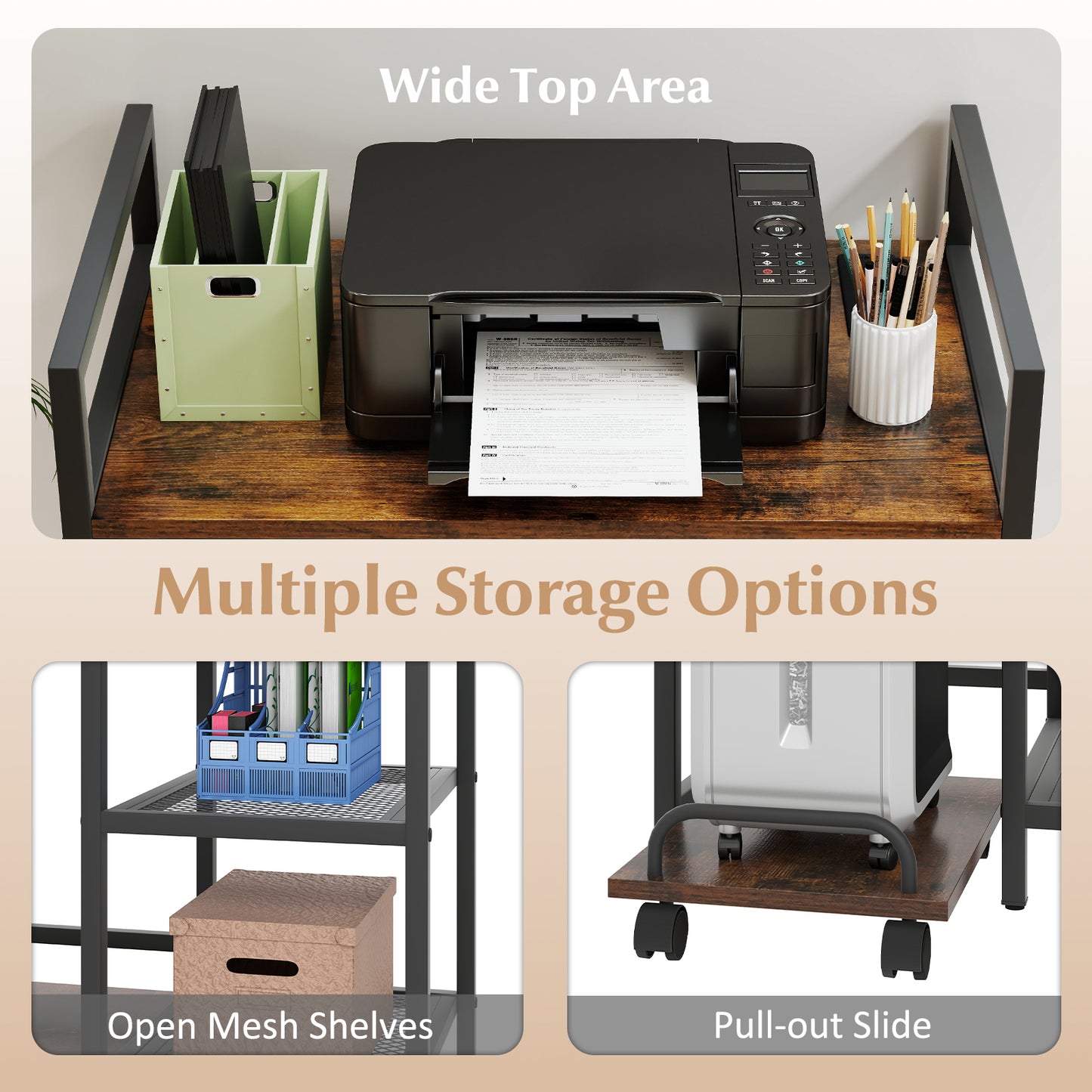 Printer Stand With Charging Station, Storage Shelves, Rustic Brown Laptop Tables & Printer Stands at Gallery Canada