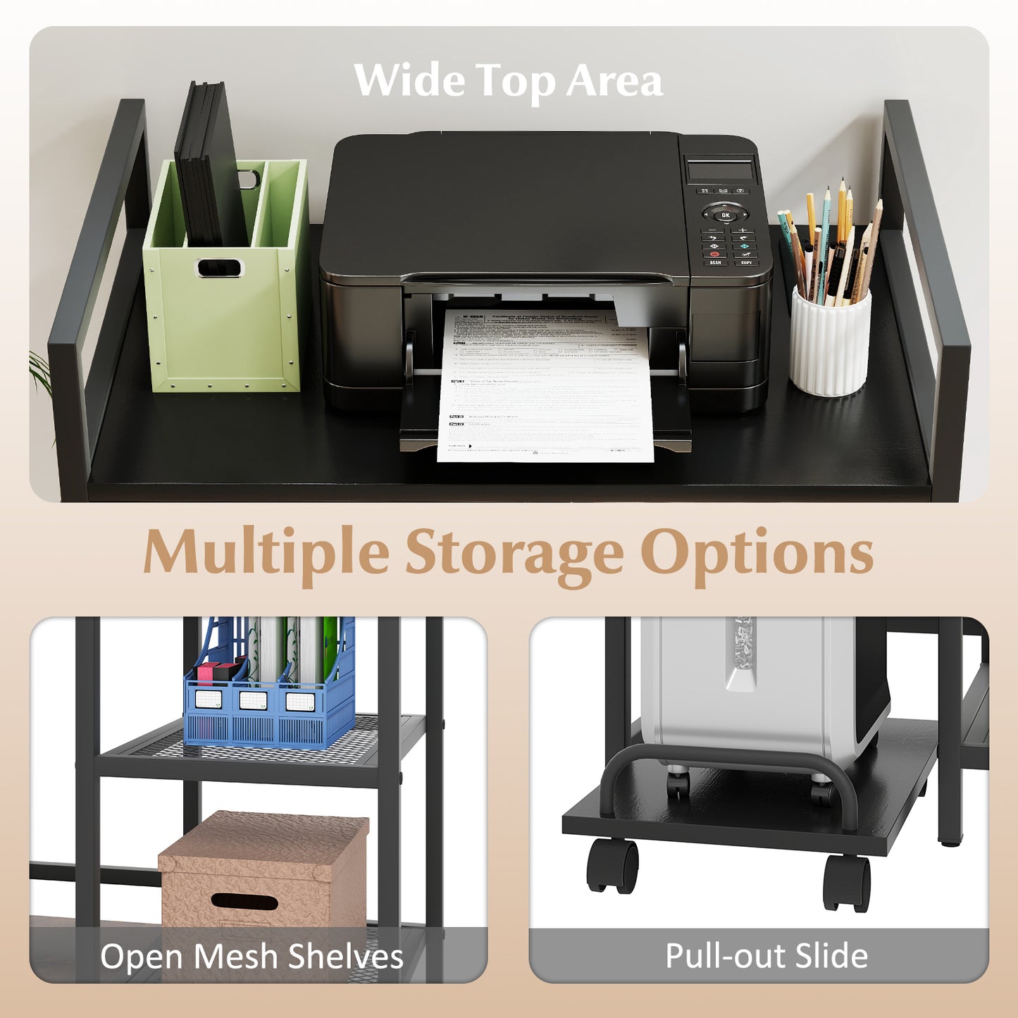 Printer Stand With Charging Station, Storage Shelves, Black Laptop Tables & Printer Stands at Gallery Canada