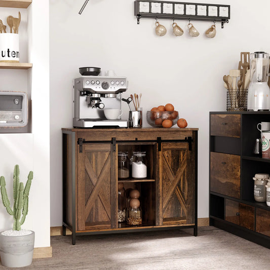 Industrial Sideboard, Buffet Cabinet with Sliding Barn Doors, Rustic Brown, Brown Bar Cabinets Rustic Brown at Gallery Canada