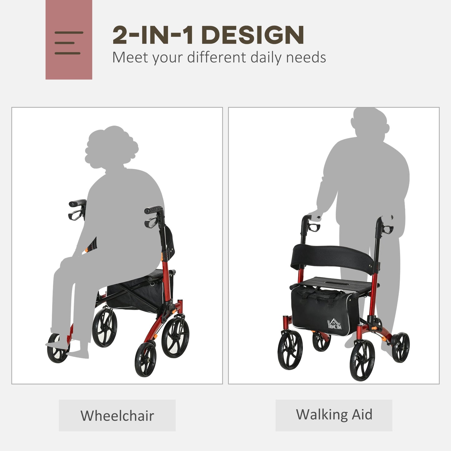 Aluminum Rollator Walker for Seniors and Adults with 10'' Wheels, Seat and Backrest, Folding Rolling Walker with Adjustable Handle Height and Removable Storage Bag, Red at Gallery Canada