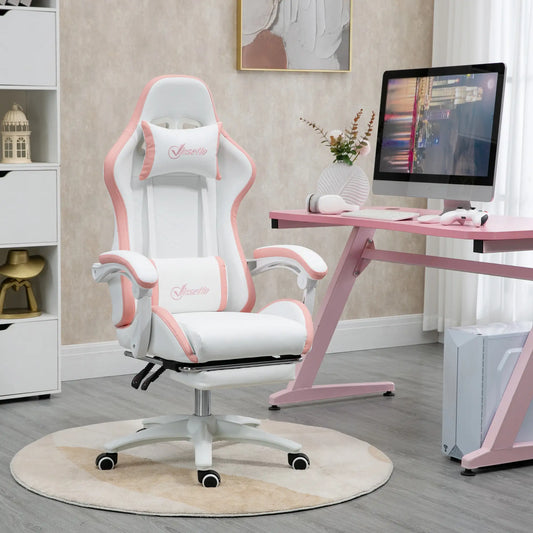 Computer Gaming Chair, PU Leather, 135° Reclining Back, White Video Game Chairs White, Pink at Gallery Canada
