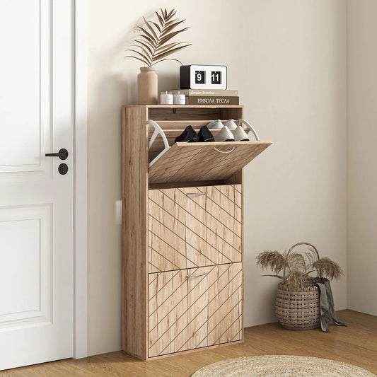 Shoe Storage Cabinet, 3 Flip Drawers, Narrow, 12 Pair Organizer, Nature Wood Shoe Storage Cabinets & Racks Natural at Gallery Canada
