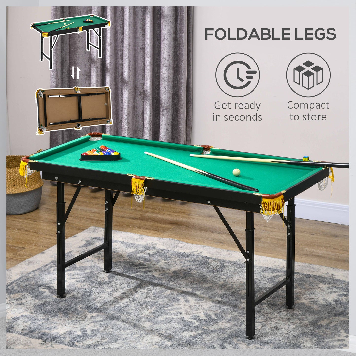 55" Pool Table Set Folding Billiard Table with Adjustable Height, 2 Cues, 16 Balls, 2 Chalks, Triangle, Brush, Green at Gallery Canada