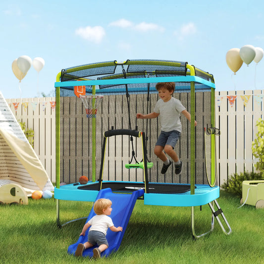 70" x 47" Trampoline With Slide, Swing, Basketball Hoop, Light Blue