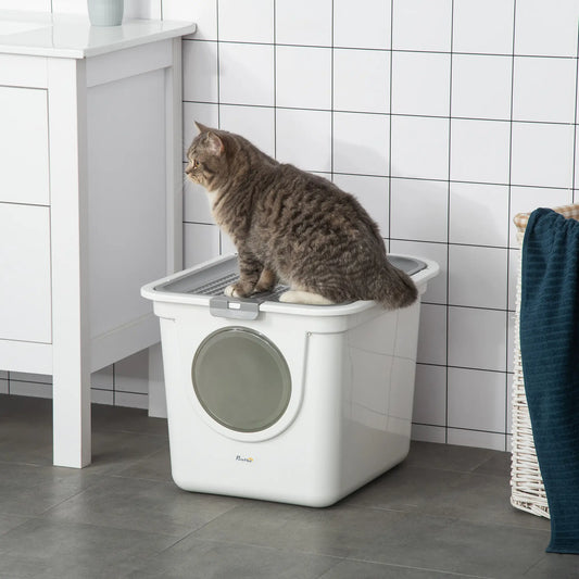 Enclosed Cat Litter Box, Easy Clean, Front Entrance, Top Exit, Scoop, White Cat Litter Box Enclosures White, Grey at Gallery Canada