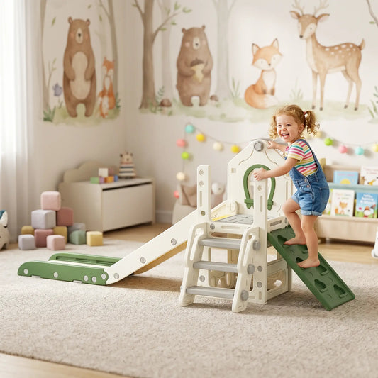 Foldable 4 in 1 Toddler Slide with Climber, Basketball Hoop, Storage Space and Basketball for Ages 1-3 Years, Cream Gym Sets & Swings Cream White, Light Grey, Yellow, Green at Gallery Canada