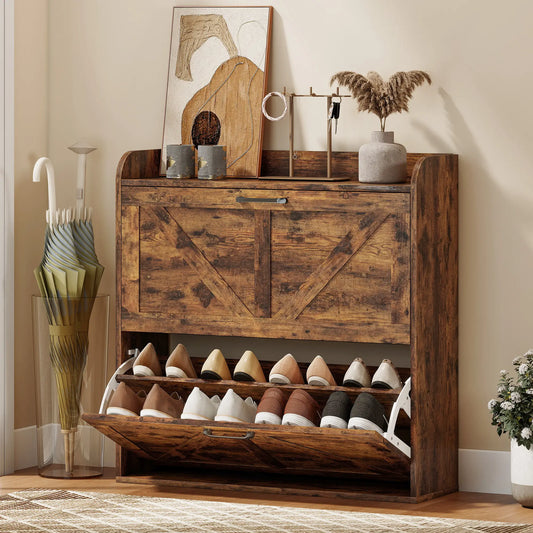 Narrow Shoe Storage Cabinet, Farmhouse Slim Shoe Cabinet with 2 Flip Drawers, Adjustable Shelves, Rustic Brown Shoe Storage Cabinets & Racks Rustic Brown at Gallery Canada