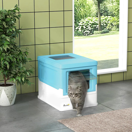 Top Entry Enclosed Kitty Litter Box with Scoop, Tray, Blue Cat Litter Box Enclosures Blue and White at Gallery Canada