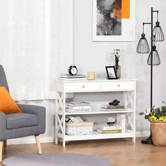 39" Console Table With Storage Shelves And Drawers, White Console Tables White at Gallery Canada