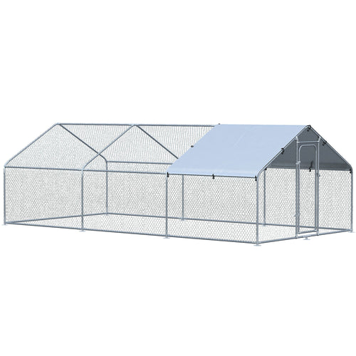 9.8' x 19.7' Metal Chicken Coop, Galvanized Walk-in Hen House, 3 Rooms Poultry Cage Outdoor with Waterproof UV-Protection Cover for Rabbits, Ducks