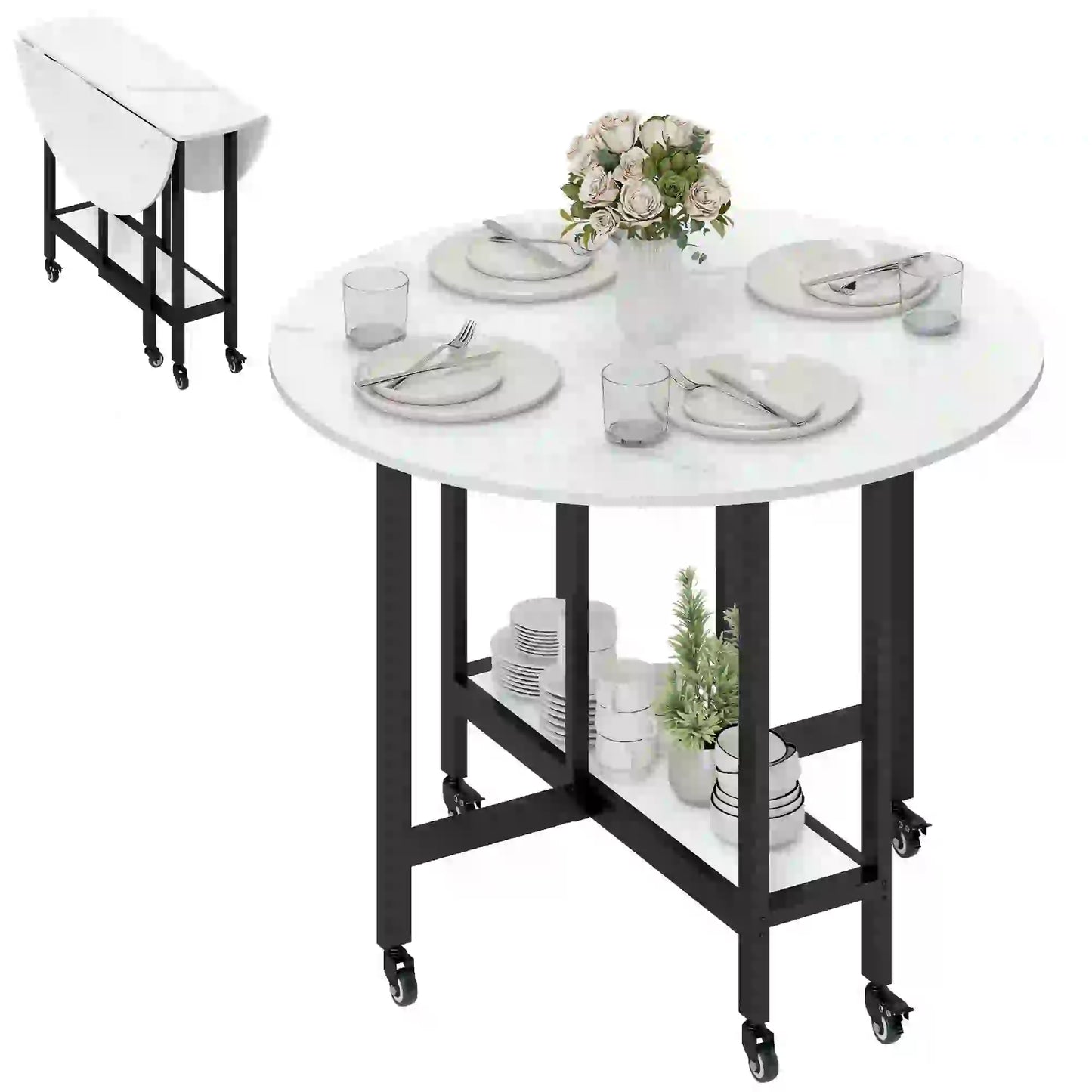 Folding Drop Leaf Table, White Marble, Open Shelf, Rolling Kitchen Table, White Dining Tables at Gallery Canada