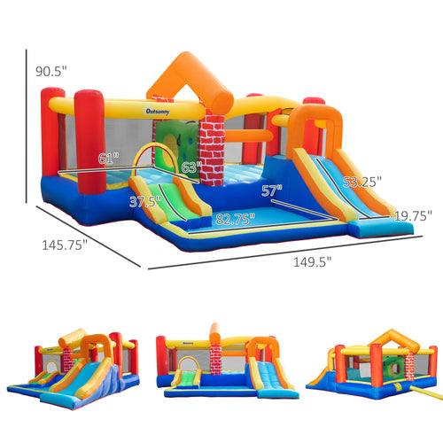 4 in 1 Kids Bounce House Castle-themed Extra Large Double Slides &; Trampoline Design Inflatable Pool Climbing Wall with Carrybag Air Blower