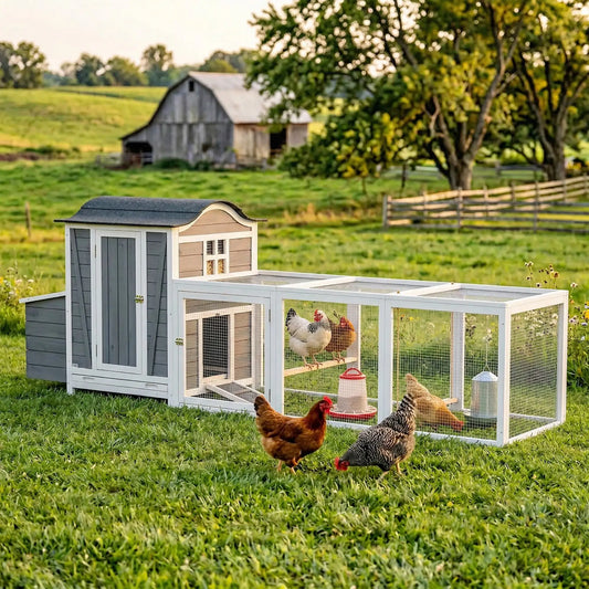 118"L Chicken Coop, Large Wooden Hen House with Run, Pull-Out Tray, Waterproof Roof, Nesting Box, Swing, Roosting Bars Chicken Coops Light Grey, White, Black at Gallery Canada