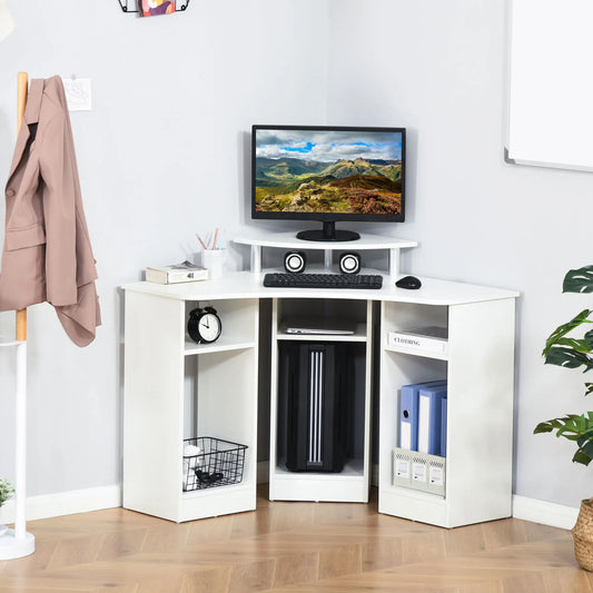 Bureau d'ordinateur en forme de L avec support d'écran, coin de bureau à domicile, blanc