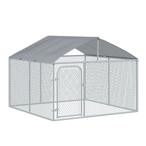 Dog Kennel Outdoor Run Fence with Roof, Steel Lock, Mesh Sidewalls for Backyard &; Patio, 7.5' x 7.5' x 5.7'