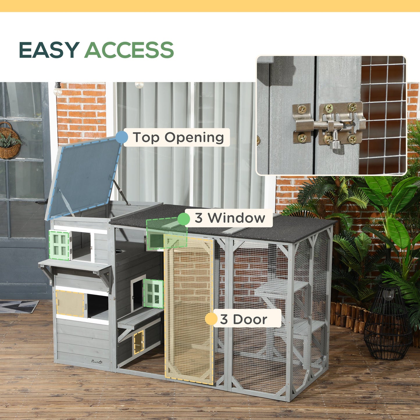 Wooden Cat Catio, 76"L Walk in Outdoor Cat House with Asphalt Roof, Platforms, Lockable Doors, 3-tier Resting Condo, Observation Window, for 2-3 Cats at Gallery Canada