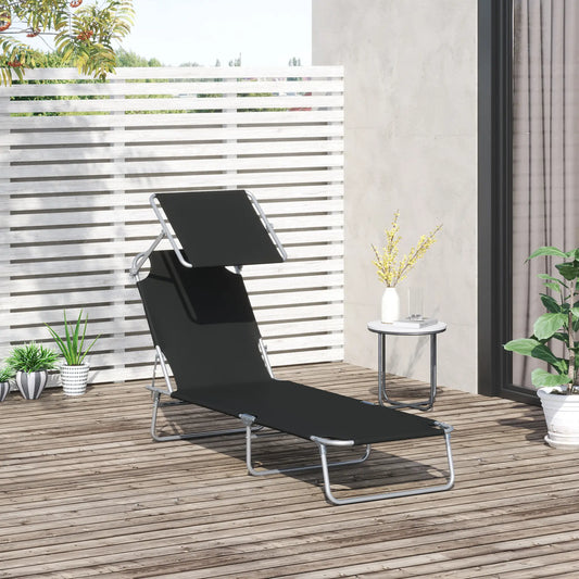Adjustable Folding Chaise Lounge, Outdoor Tanning Chair with Sun Shade, Black Lounger Chairs Black at Gallery Canada