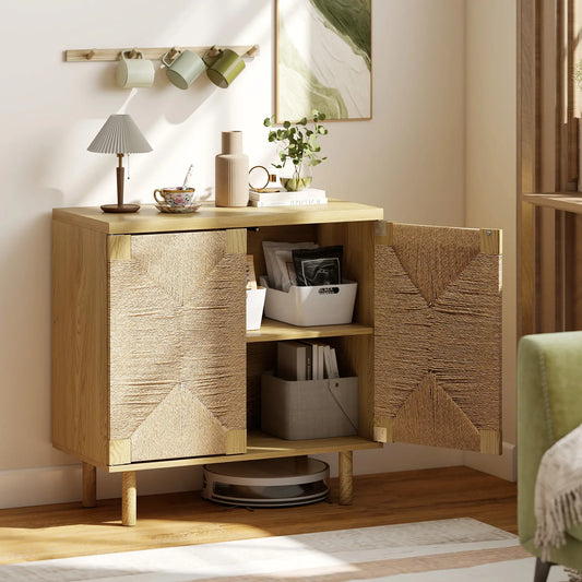 Handwoven Rope Accent Cabinet, Boho Sideboard, Push to Open Doors, Adjustable Shelf