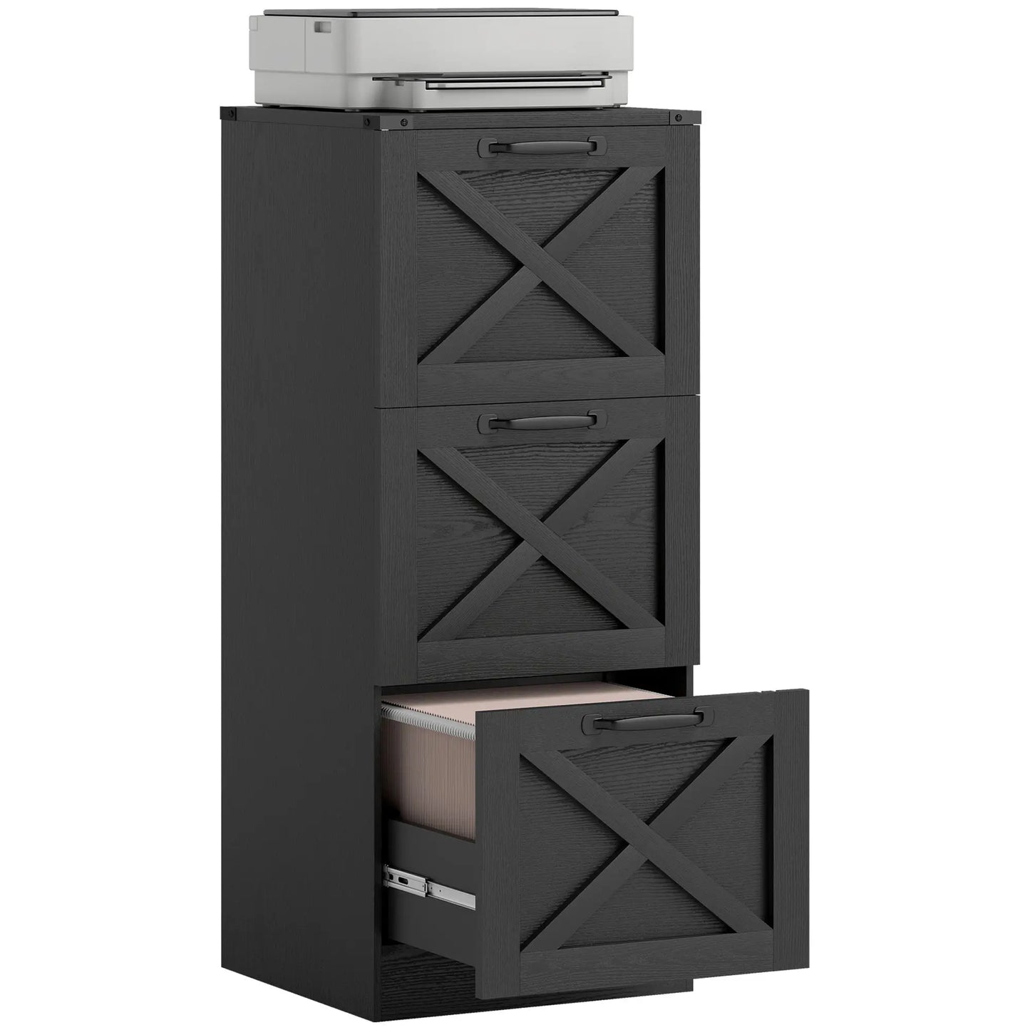 3 Drawer File Cabinet, Vertical Farmhouse, Letter/A4 Size, Black