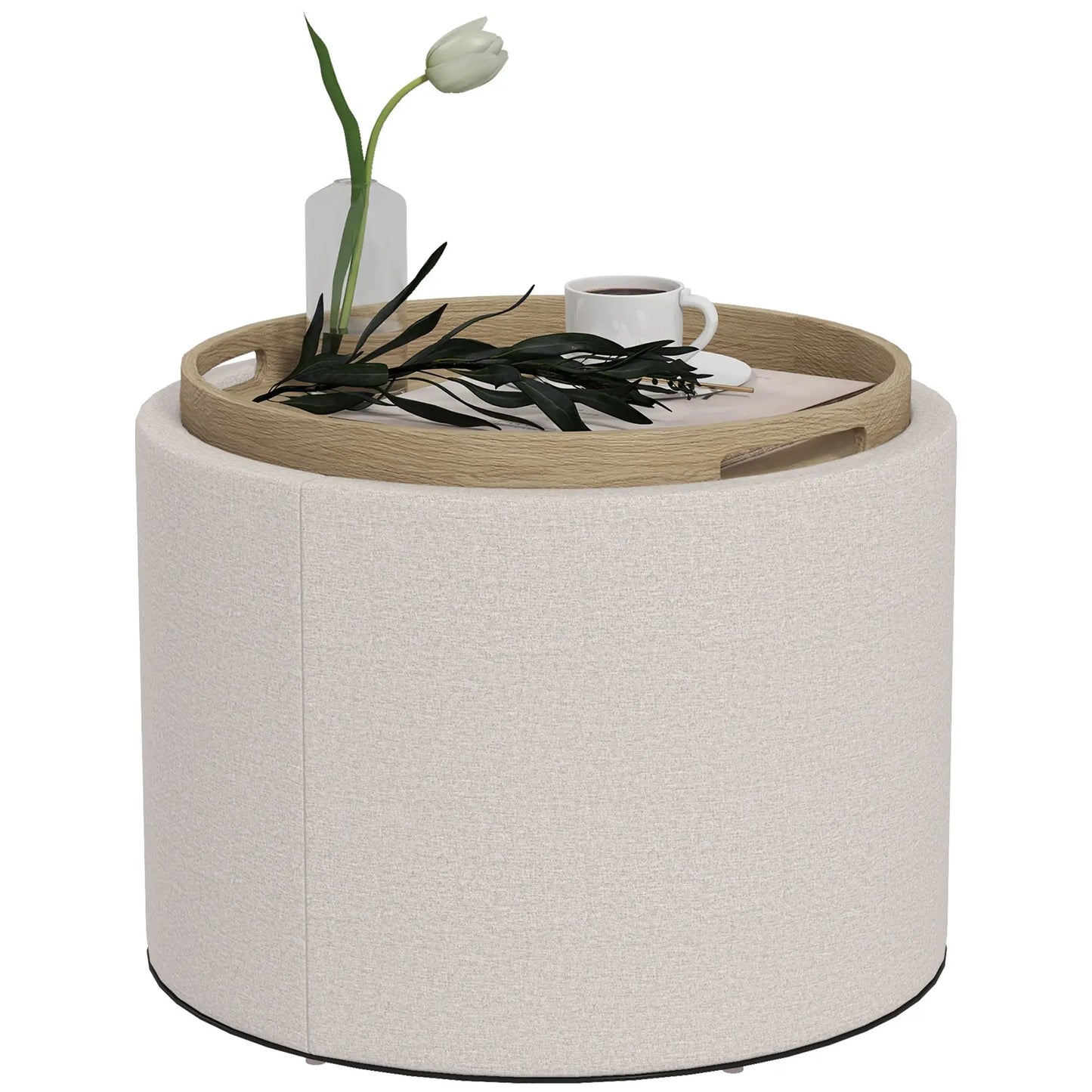 Round Coffee Table with Hidden Storage, Tray Top, Linen Footrest Coffee Tables at Gallery Canada