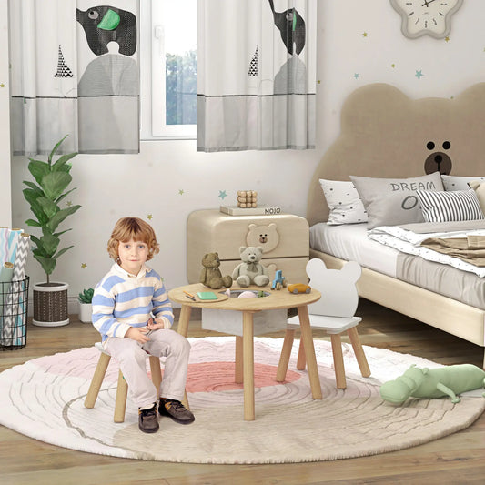 Kids Table and Chair Set, 3 Pieces, Bear-Shaped Chairs, Mesh Bag Kids Table Sets White, Natural Wood Finish at Gallery Canada