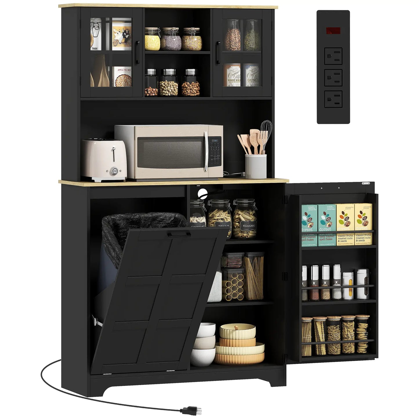 Kitchen Pantry Cabinet, 7 Gallon Trash Can, Adjustable Shelves, Acrylic Doors, Black Kitchen Pantry Cabinets at Gallery Canada