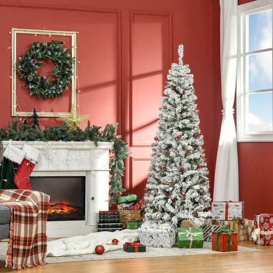 6 Foot Flocked Artificial Christmas Tree, 600 Pine Branches, Pine Cones, Red Berries, Auto Open, Green Pencil Christmas Trees Green, White at Gallery Canada