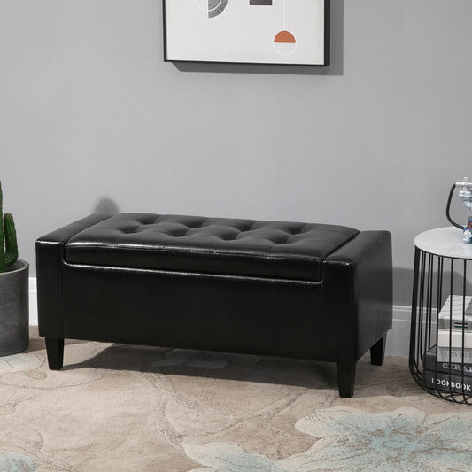 Banc coffre de rangement, rembourrage en simili cuir PU, design matelassé, noir